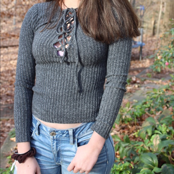 Lace up dark grey sweater - Picture 3 of 3